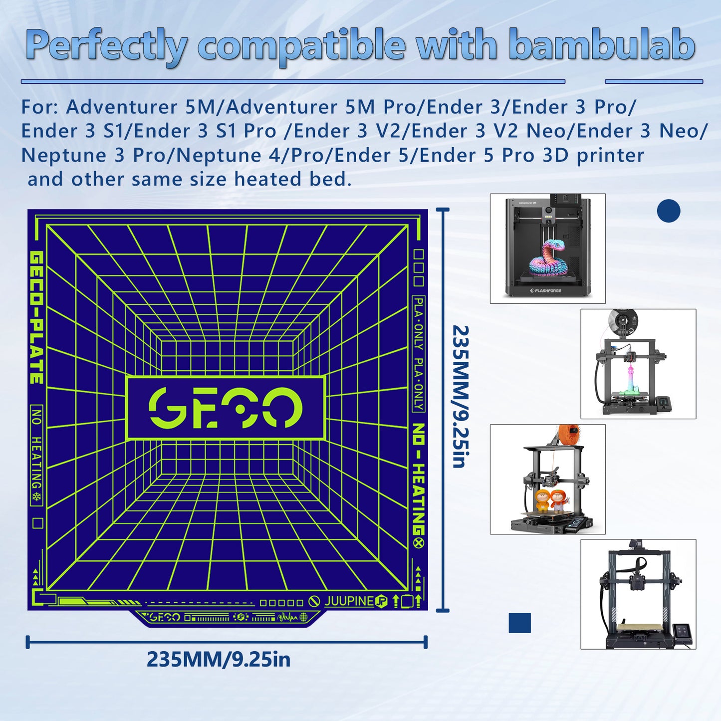 Geco PLA Plate No Heating for Flashforge Ad5m 3d Printer 235x235 MM